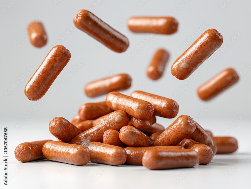 A vibrant assortment of realistic hot dogs is piled up against a plain white background, with several hot dogs cascading from above, creating a playful and appetizing effect A vibrant assortment of realistic hot dogs is piled up against a plain white background, with several hot dogs cascading from above, creating a playful and appetizing effect