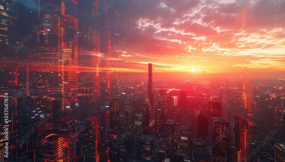 Capture the grandeur of a futuristic cityscape with towering holographic displays reflecting a romantic sunset, using dynamic CG 3D techniques Capture the grandeur of a futuristic cityscape with towering holographic displays reflecting a romantic sunset, using dynamic CG 3D techniques