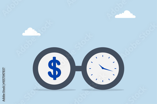 Time is money, Eyeglasses adorned with a dollar sign and a clock ticking away. 