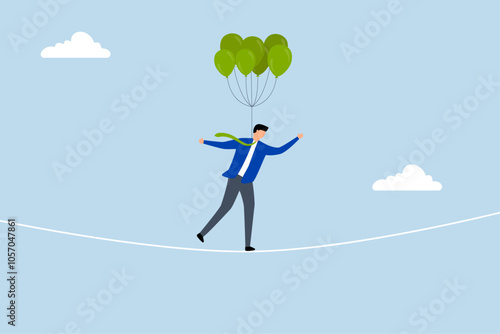 Risk management control, Businessman acrobat chooses to walk on a rope with balloons in order to lower the level of risk. 