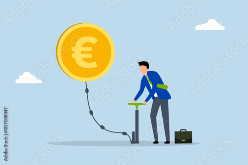 Inflation in Europe causing by energy shortage, Businessperson uses air pump to inflate floating Euro currency coin. 