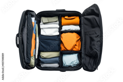 Organized travel luggage with neatly folded clothes in compartments, ideal for packing efficiently. photo