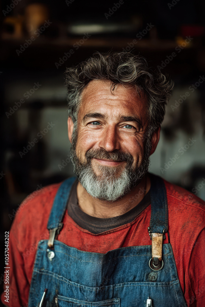 Portrait of a Skilled Craftsman in His Workshop Wearing Blue Overalls Portrait of a Skilled Craftsman in His Workshop Wearing Blue Overalls