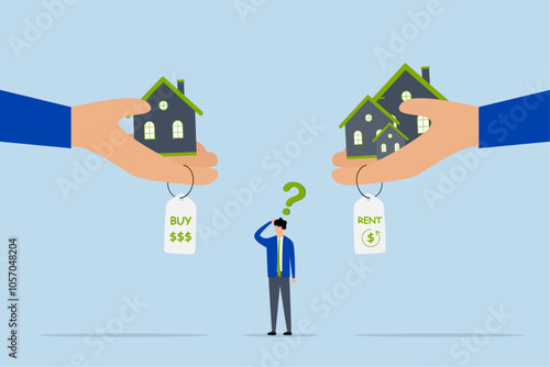 House buy or rent, Businessman is uncertain whether to purchase or lease a home. 