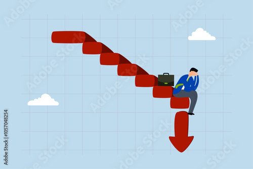Capital loss, Struggling entrepreneur investor amid plummeting red graph and chart. 