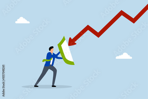 Fight with inflation or economic recession, Businessman holding a shield to defend himself from a red arrow, as an investor. 