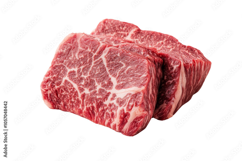 © venusvi - Premium marbled beef slices on a white isolated background. © venusvi - Premium marbled beef slices on a white isolated background.