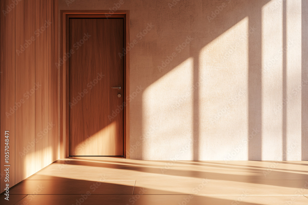 minimalist room featuring a closed wooden door with warm sunlight casting shadows on the wall creating a serene and simple atmosphere
minimalist room featuring a closed wooden door with warm sunlight casting shadows on the wall creating a serene and simple atmosphere