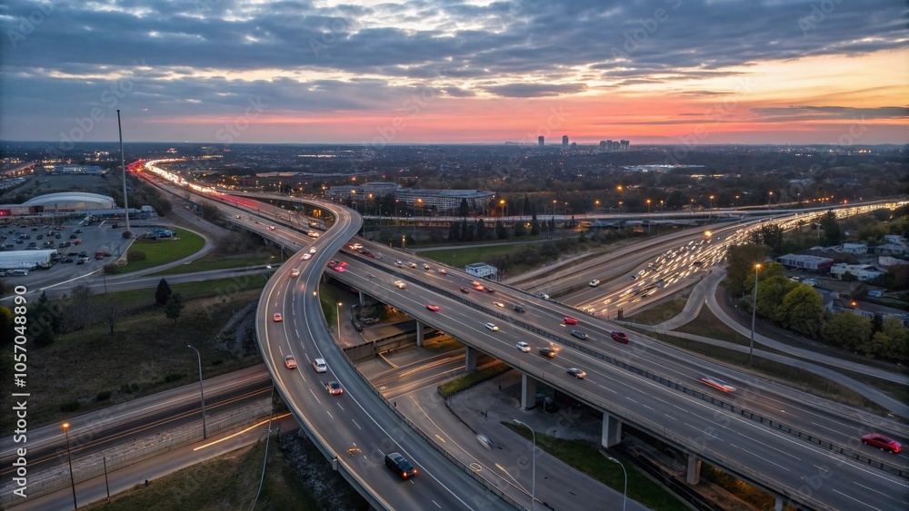 Dynamic Aerial View of Busy Highway Interchange at Twilight with Streaks of Vehicle Lights for Urban Life Photography Dynamic Aerial View of Busy Highway Interchange at Twilight with Streaks of Vehicle Lights for Urban Life Photography