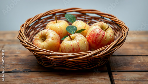 Fresh dew-kissed apples in wicker basket on rustic wooden table isolated with white shades, png