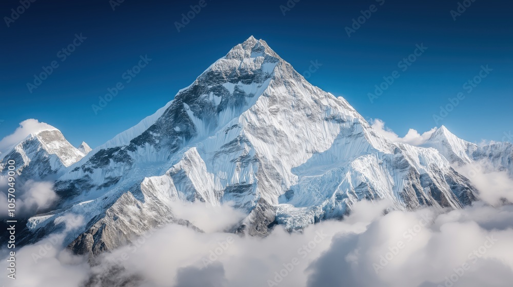 Naklejka premium Majestic snow-covered mountain peak rising above surrounding ridges and fluffy clouds under a clear blue sky