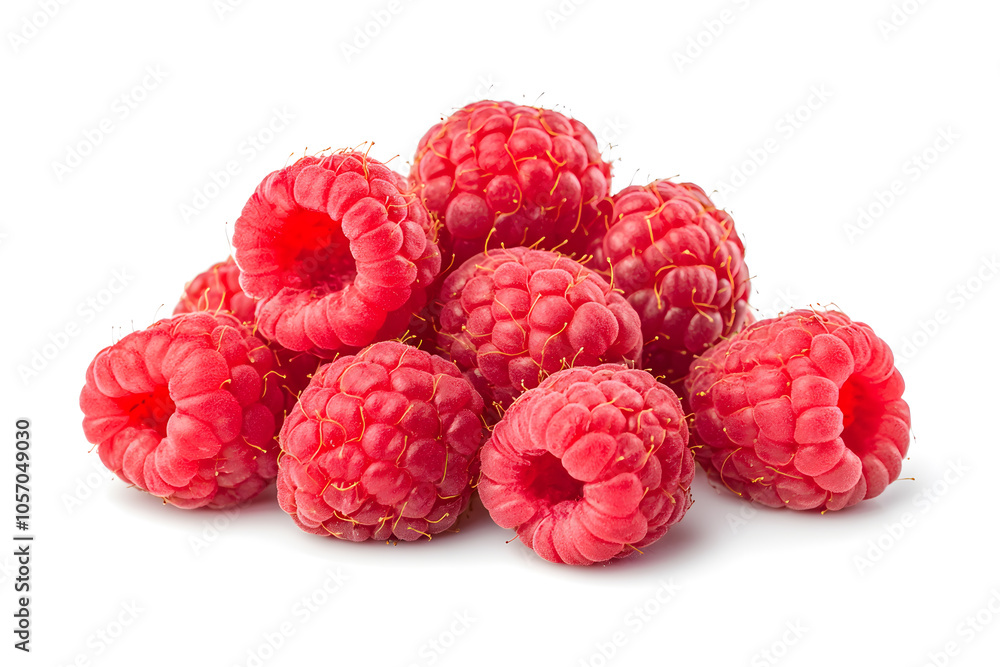 Cluster of Red ripe raspberries with green leaves isolated on a white background. Cluster of Red ripe raspberries with green leaves isolated on a white background.
