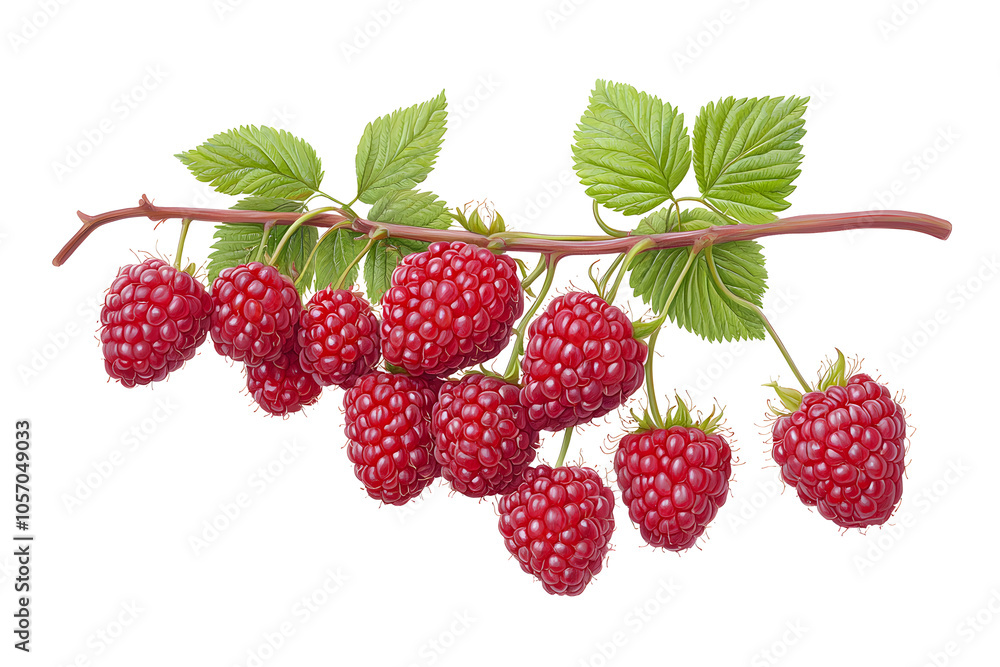 Red ripe raspberries with green leaves on a branch isolated on a white background. Red ripe raspberries with green leaves on a branch isolated on a white background.