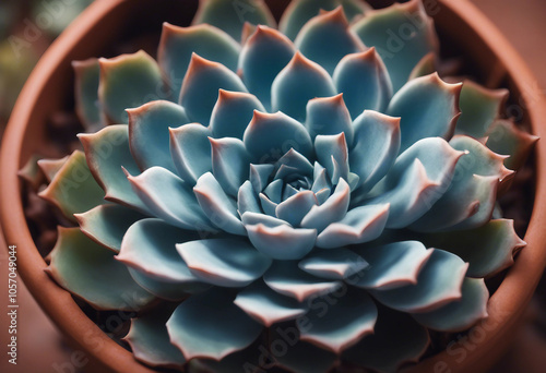 A captivating top-down view of a blue echeveria succulent plant displayed in a warm terracotta pot s photo