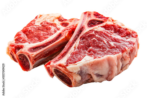 Raw ribeye steaks on a white isolated background, showcasing marbling and quality, ideal for culinary presentations.