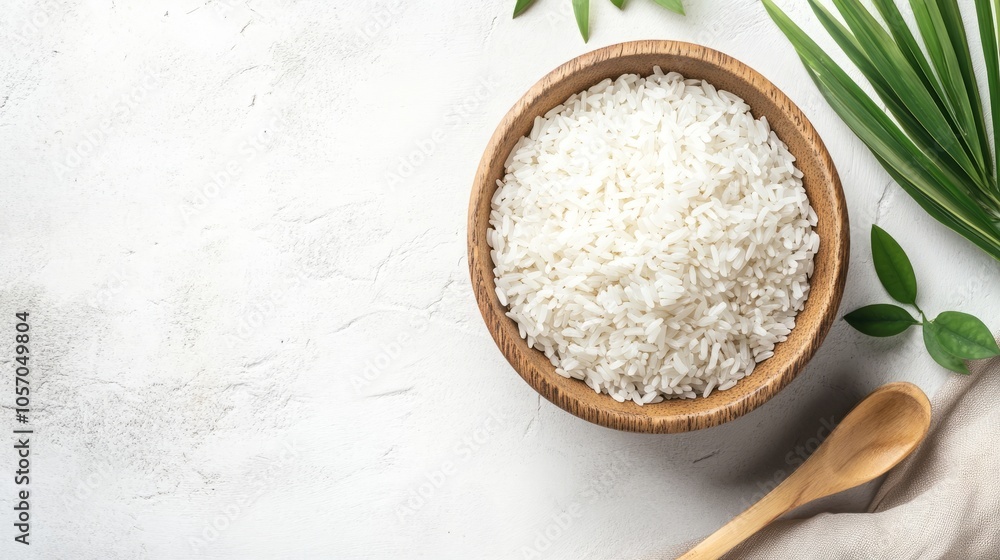A bowl of white rice with green leaves and a wooden spoon. A bowl of white rice with green leaves and a wooden spoon.