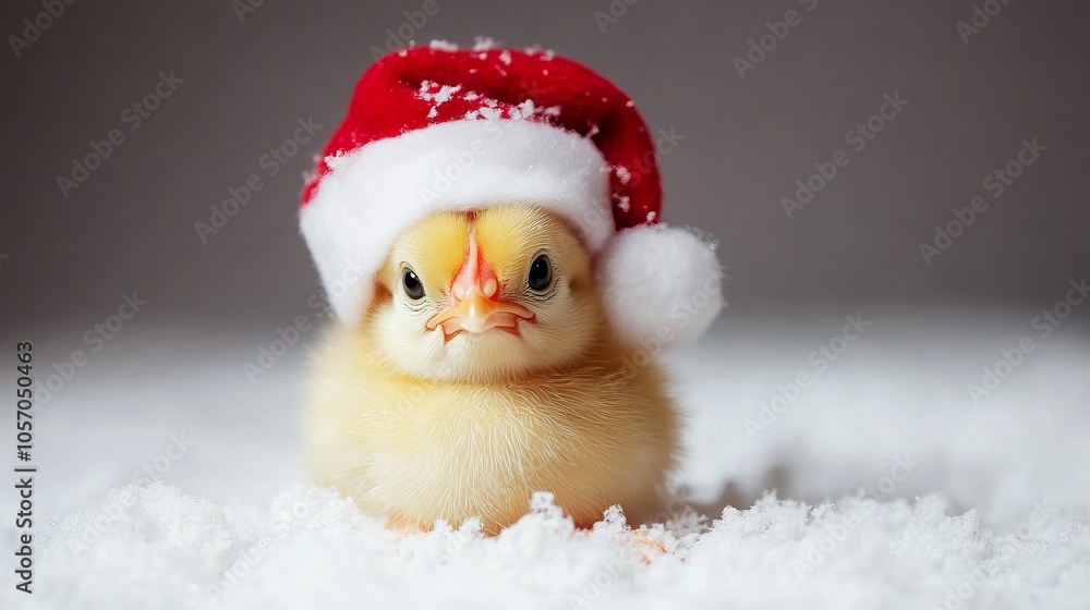 Obraz premium A cute chick wearing a Santa hat in a snowy setting.