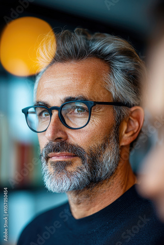 Stylish Portrait of a Mature Man with Gray Hair and Glasses