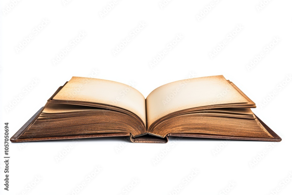 A beautifully aged open book with empty pages, presenting a timeless reading experience, isolated on white. A beautifully aged open book with empty pages, presenting a timeless reading experience, isolated on white.