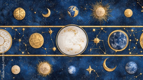 A celestial-themed artwork featuring golden celestial bodies, including moons, stars, and planets, against a deep blue background.