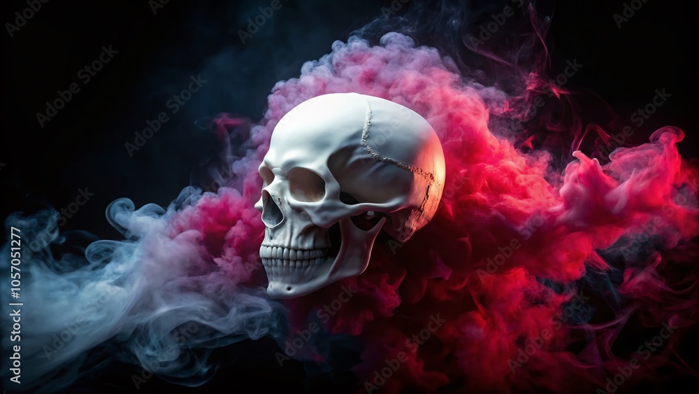 Eerie White Skull with Red Smoke on Black Background - Capture the Haunting Essence of Dark Aesthetics Eerie White Skull with Red Smoke on Black Background - Capture the Haunting Essence of Dark Aesthetics