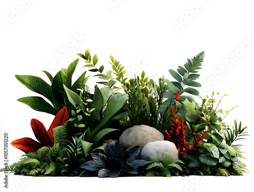 Vibrant assortment of tropical plants and stones, white isolated background. photo