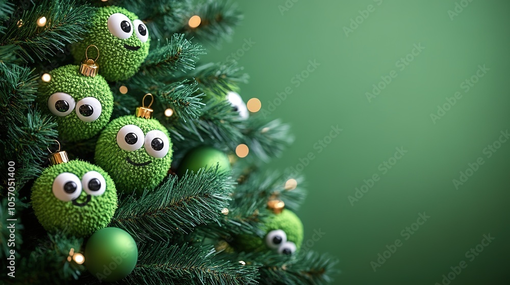 Christmas tree with funny toys with eyes and mouth on a green background
Christmas tree with funny toys with eyes and mouth on a green background