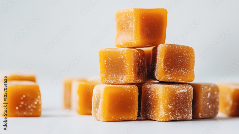 Close-up view of a stack of caramel candies with a light dusting of sugar on a white background, showcasing their cube shapes and smooth texture. Close-up view of a stack of caramel candies with a light dusting of sugar on a white background, showcasing their cube shapes and smooth texture.