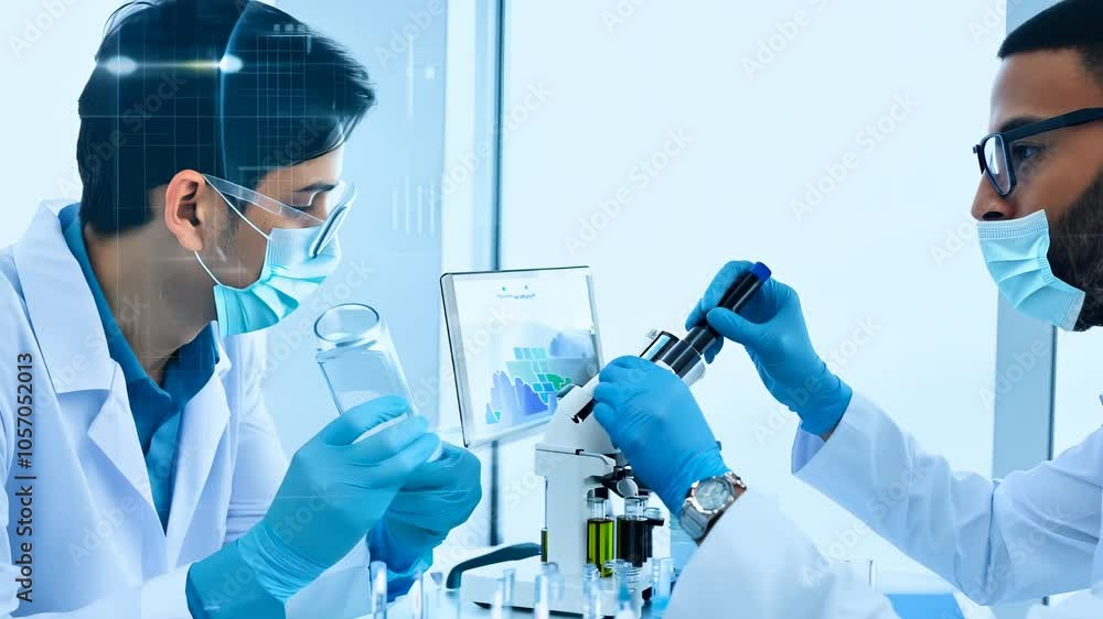 Group of researchers analyzing virus and DNA structures in a state-of-the-art laboratory environment Group of researchers analyzing virus and DNA structures in a state-of-the-art laboratory environment