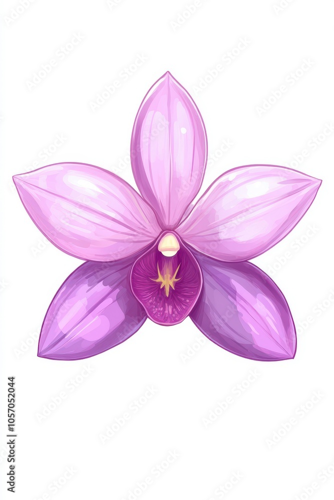 A vibrant illustration of a pink orchid flower with glossy petals and a striking central detail. A vibrant illustration of a pink orchid flower with glossy petals and a striking central detail.