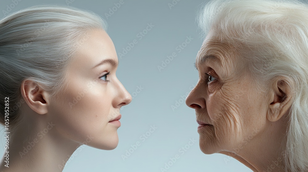 A 20-year-old woman and an 80-year-old woman gaze at each other, highlighting the contrast between youth and age with wide eyes and distinct facial features A 20-year-old woman and an 80-year-old woman gaze at each other, highlighting the contrast between youth and age with wide eyes and distinct facial features