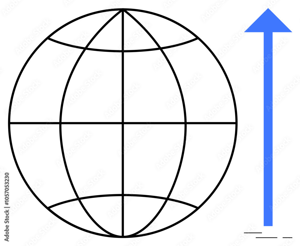 Globe featuring latitude and longitude lines paired with an upward blue arrow symbolizing global expansion and upward trends. Ideal for business growth, international markets, global strategy, world Globe featuring latitude and longitude lines paired with an upward blue arrow symbolizing global expansion and upward trends. Ideal for business growth, international markets, global strategy, world