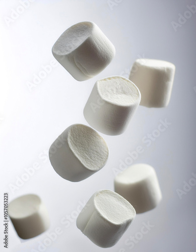 marshmallows floating or flying isolated white background