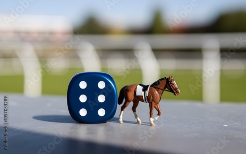 Dice and horse figure on racetrack. Gambling and luck photo