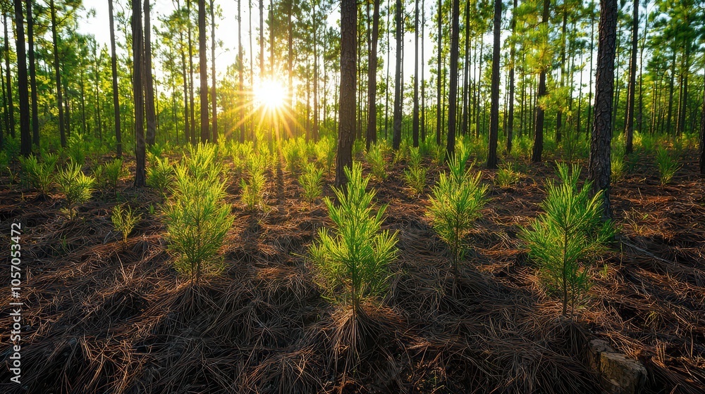 A serene forest scene bathed in sunlight, showcasing young saplings surrounded by tall trees and earthy ground. A serene forest scene bathed in sunlight, showcasing young saplings surrounded by tall trees and earthy ground.