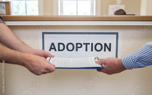 hand give document at adoption counter desk. Procedure to adopt children photo