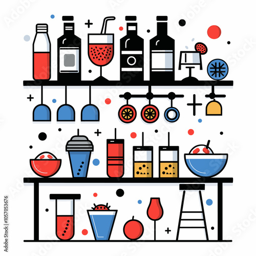 Cocktail bar with bottles and glasses. Colorful flat vector illustration.