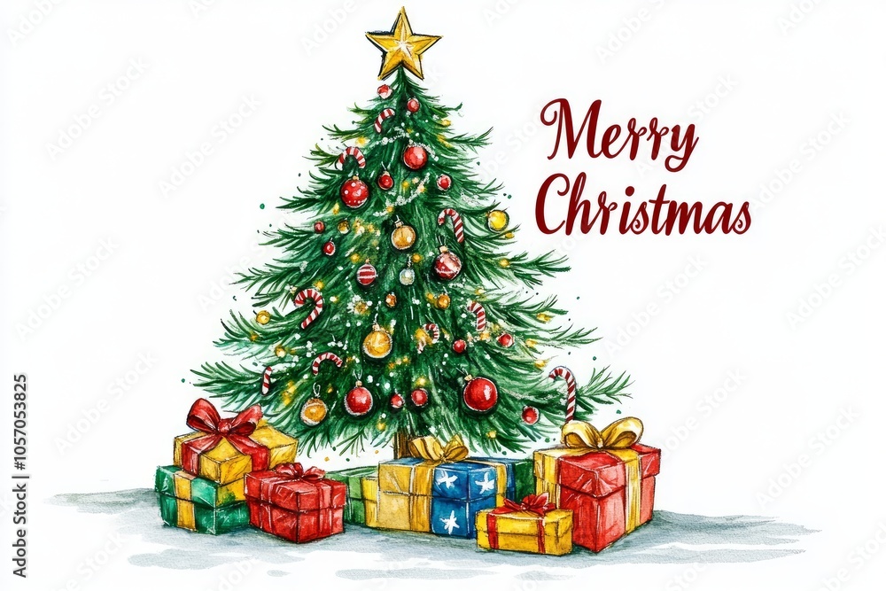 Christmas tree with toys and gifts, illustration on a white background. A Merry Christmas card. Christmas tree with toys and gifts, illustration on a white background. A Merry Christmas card.