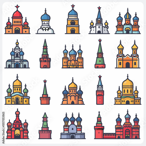 Icons of Kremlin buildings isolated on white background. Vector illustration.