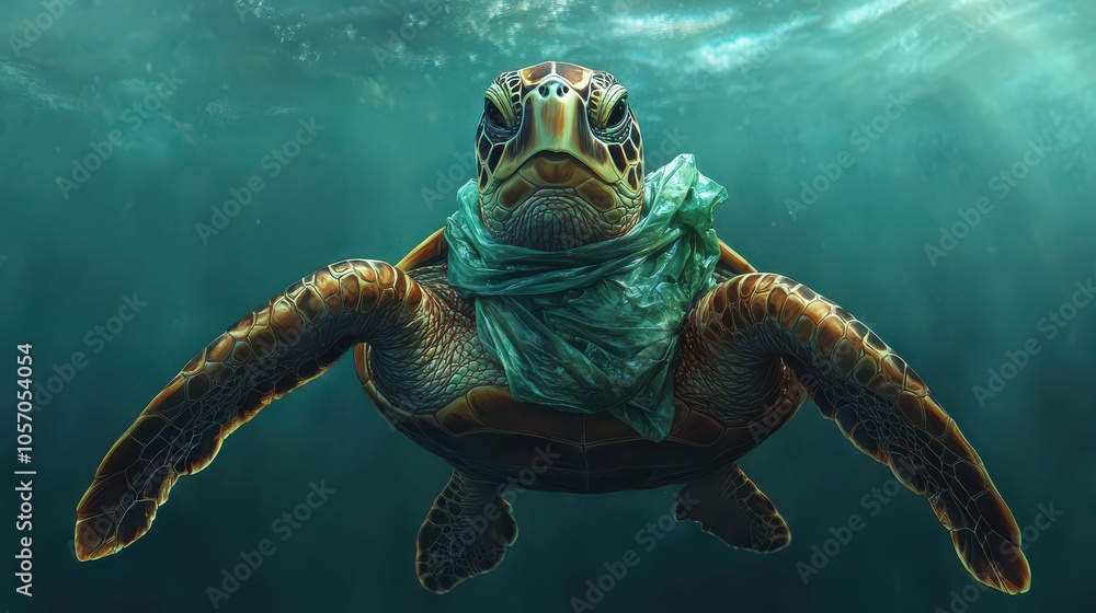 Obraz premium A sea turtle swims gracefully underwater, adorned with a scarf, highlighting the beauty and vulnerability of marine life.