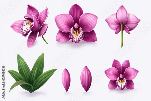 Collection of realistic pink orchids and green leaves on white isolate background.