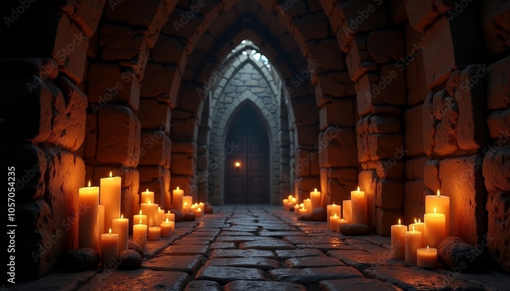 Obraz premium Mysterious candlelit hallway in an ancient stone building