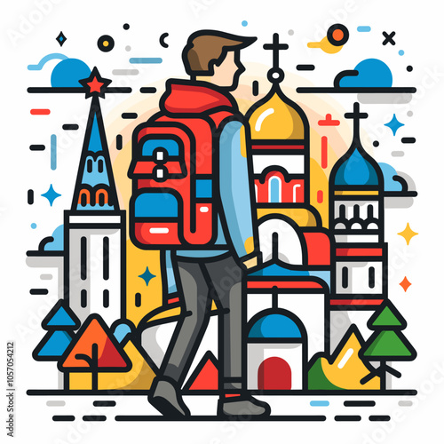 Tourist man with a backpack on the background of famous landmarks of Russia. Vector illustration