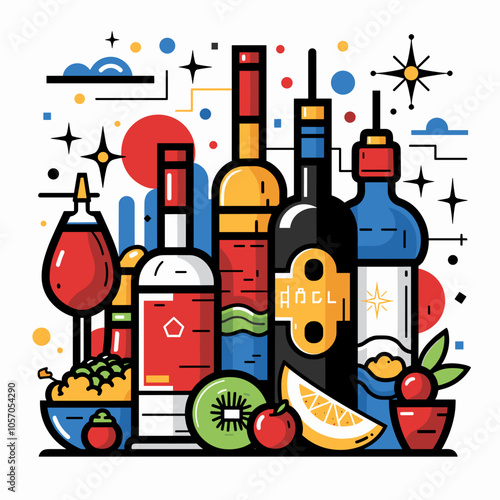 Colorful illustration of various bottles and glasses, including wine, liquor, and fruit juices, with a focus on the wine bottles