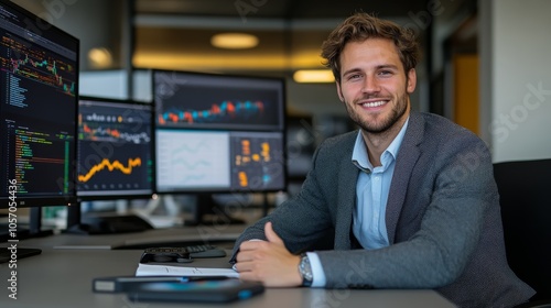 A young male data analyst sits at a sleek desk in a high-tech office, smiling warmly while engaged with multiple monitors displaying dynamic data visualizations