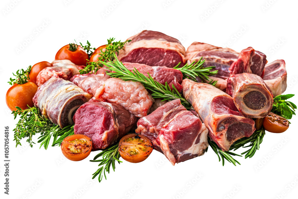 Variety of fresh meat cuts arranged with herbs and tomatoes on white background. Variety of fresh meat cuts arranged with herbs and tomatoes on white background.