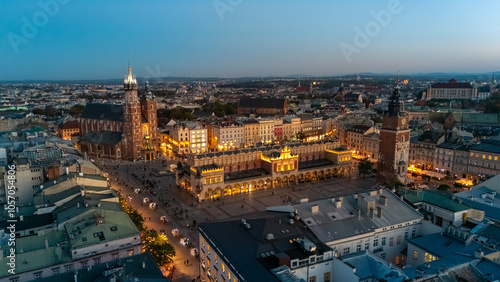 aerial view over central square of krakow in evening at sunset in poland