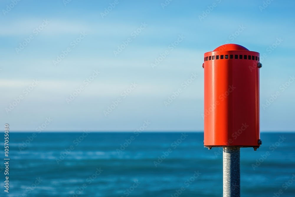 Close-up of industrial grade tsunami warning siren mounted on metal pole along coastal beach area captures essential emergency alert infrastructure during clear weather conditions for public safety Close-up of industrial grade tsunami warning siren mounted on metal pole along coastal beach area captures essential emergency alert infrastructure during clear weather conditions for public safety