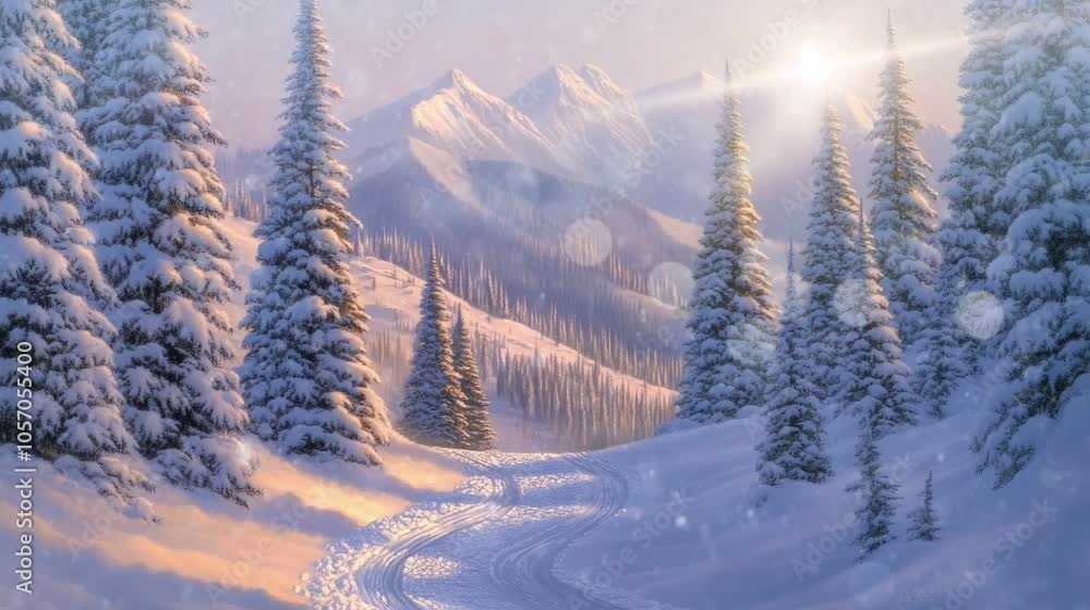 A snowy mountain path, lined with tall pine trees, leads into a bright, sunny vista.