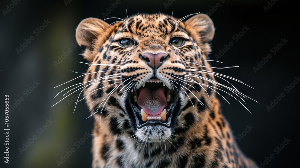 Obraz premium Dramatic wildlife macro photograph captures intimidating leopard mouth detail against stark black background revealing powerful apex predator features in stunning 4K resolution